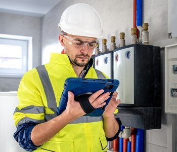 Man, an electrical technician in uniform working in a switchboard with fuses. Installation and connection of electrical equipment. Professional uses a tablet.