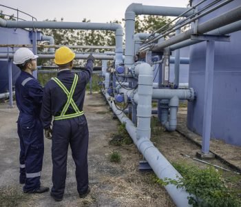 Petrochemical engineer working at petroleum oil refinery industry area. Industrial technician worker maintenance inspect manufacturing energy power gas system at factory.